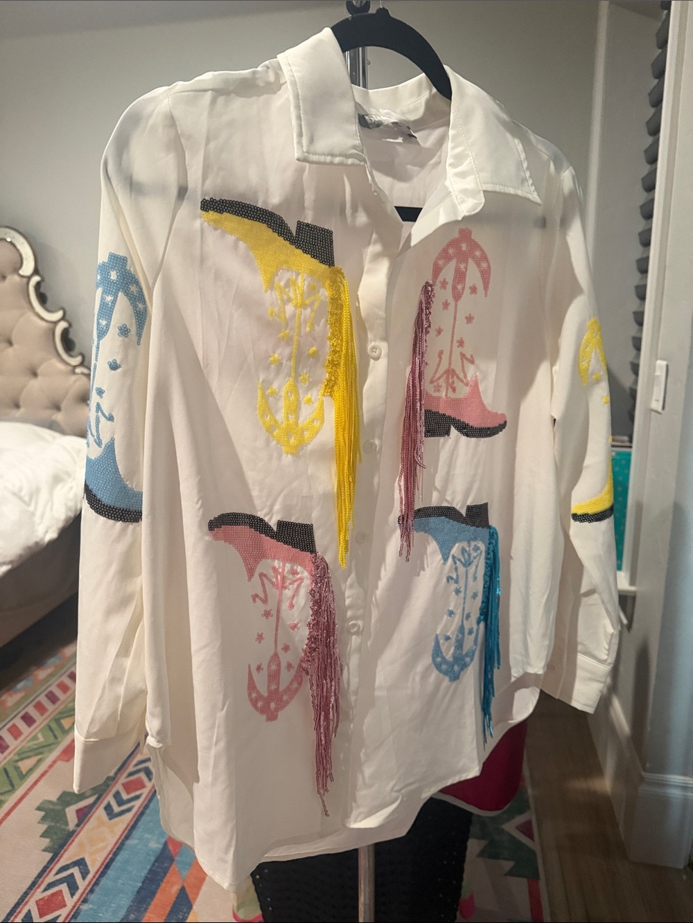 White Button-Front Fringe Western Shirt with Multicolor Embroidery